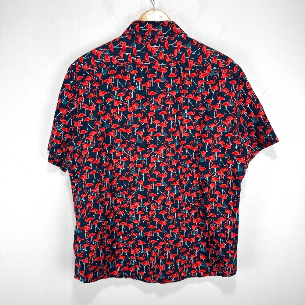 Banana Republic Linen Button Shirt Large Slim Navy Red Flamingo All Over Print - Picture 4 of 9